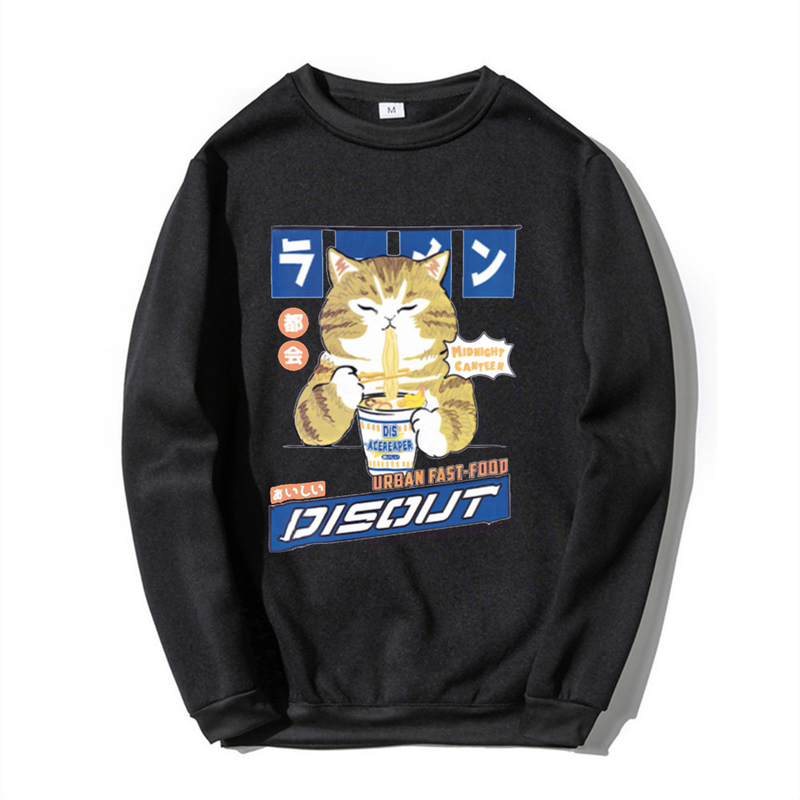 Herbst und Winter Neuer Katzen-Cartoon-Print-Rundhalspullover für Männer und Frauen mit weißem Boden, lässigem Fleece_voghion.com