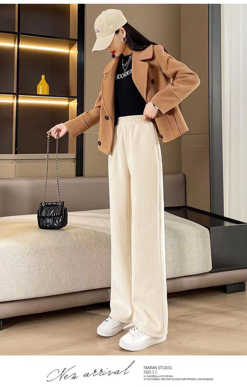 Pantaloni svasati in velluto a coste di ciniglia per donna - Pantaloni a gamba larga foderati in pile invernale, pantaloni da salotto a vita alta morbidi e caldi, pantaloni casual snellenti_voghion.com