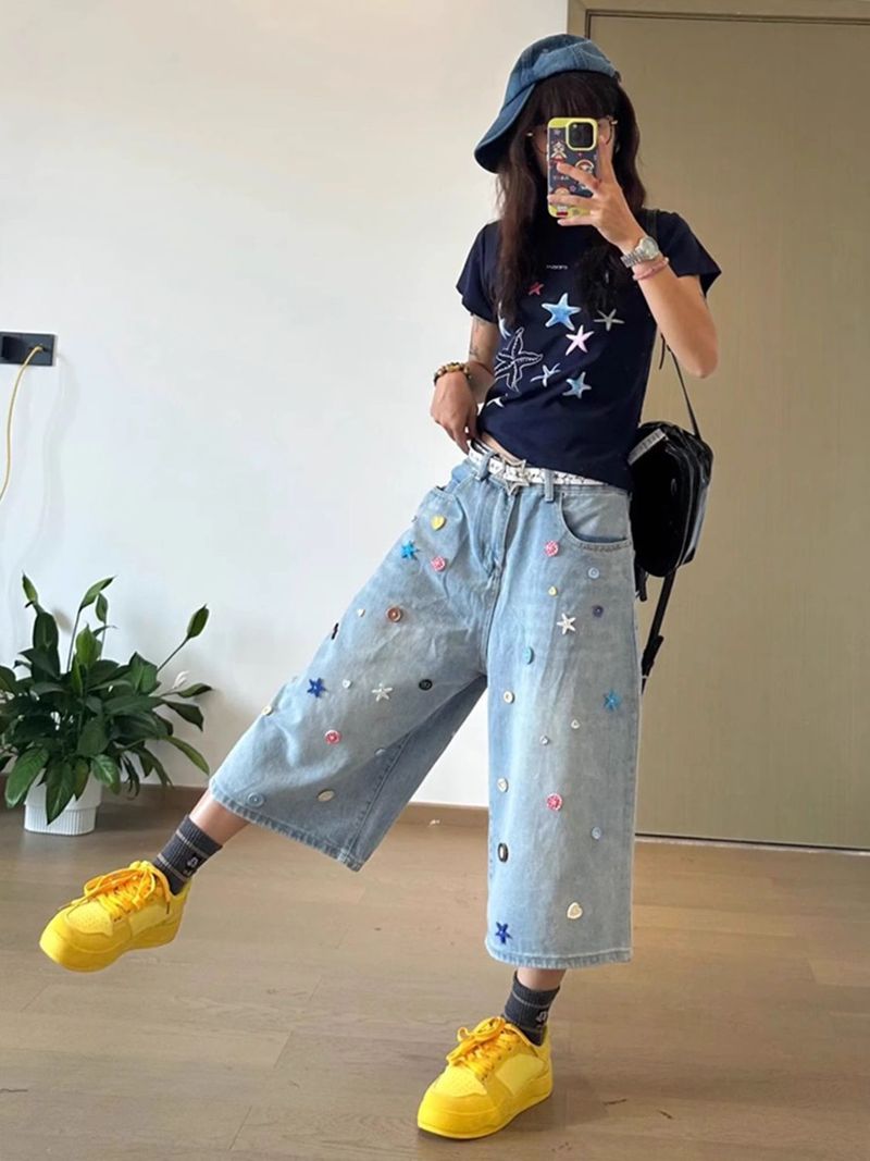 Jeans corti con bottoni colorati Dopamine in stile americano per donna, pantaloncini estivi dritti a gamba larga_voghion.com