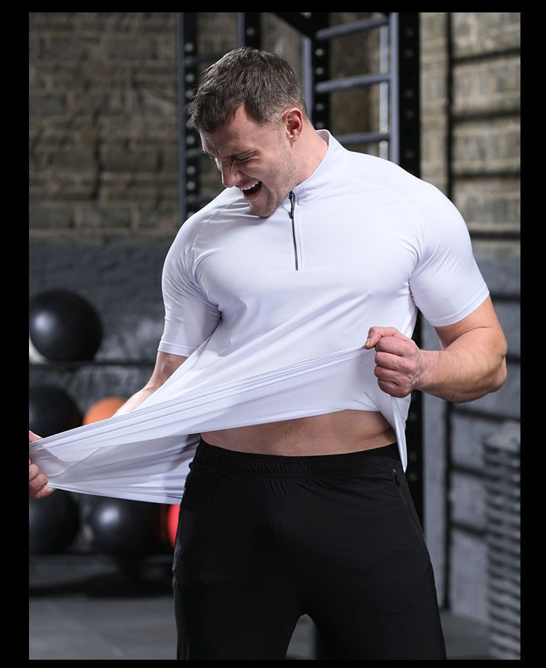 T-shirt de fitness d'été pour homme, demi-fermeture éclair, col montant, séchage rapide, haute élasticité, respirant, moulant_voghion.com