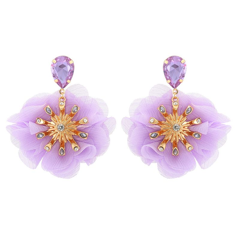 Big flower chiffon earrings clip diamond earrings jewelry_voghion.com