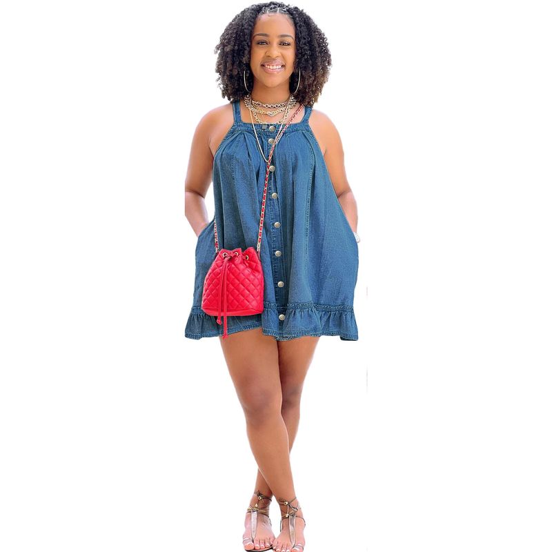 Women's Denim Dress - Square Neck Strappy Button Pocket Loose Fit Ruffled Hem Washed Denim Skirt_voghion.com