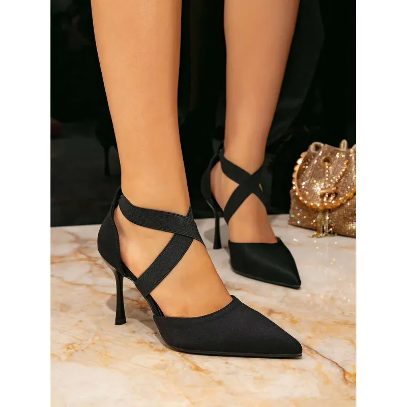 Huizhou Women's Heel Sandals Black Fashion Toe Cross Strap Stiletto Pointed New High Heels_voghion.com