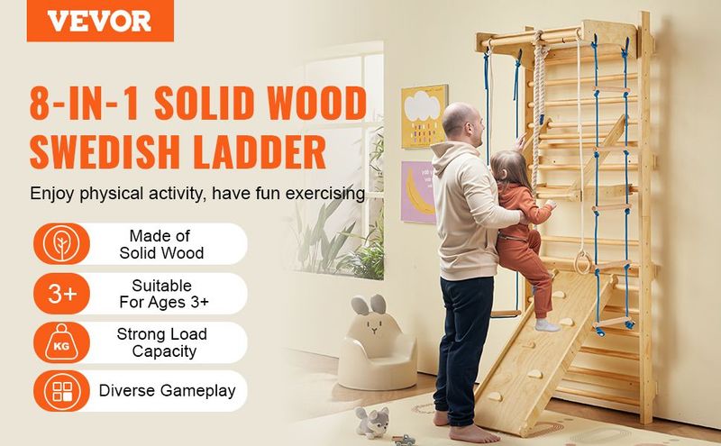 Swedish Ladder Wall Gym 8 In 1 Wooden Indoor Playground Climbing Toys_voghion.com