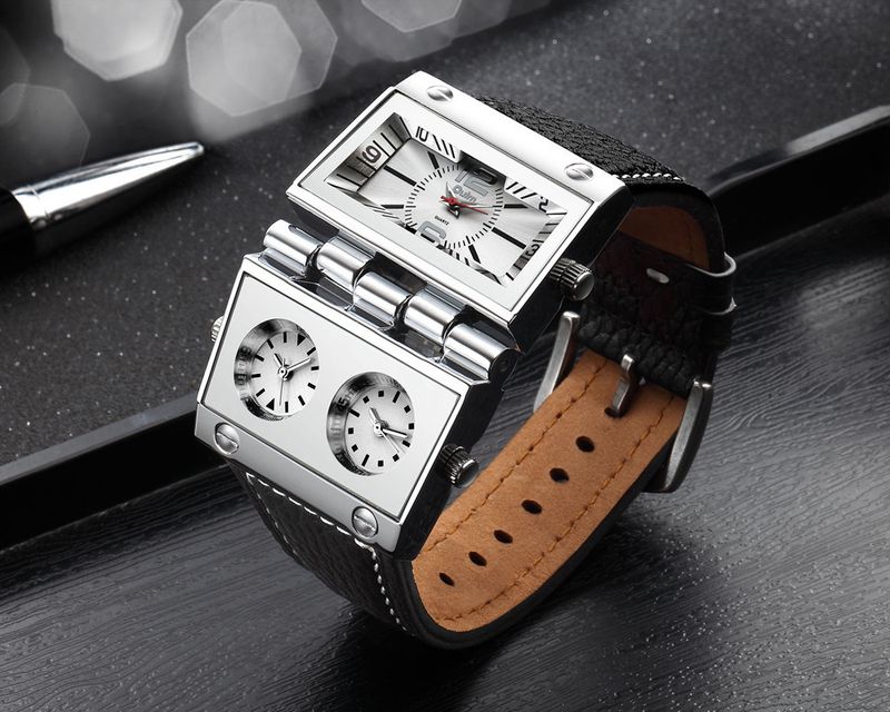 Men's Fashion Watch With Large Rectangle Dial, Multi-Time Zone Function, Quartz Movement, Genuine Leather Strap, Water Resistant To 35M_voghion.com