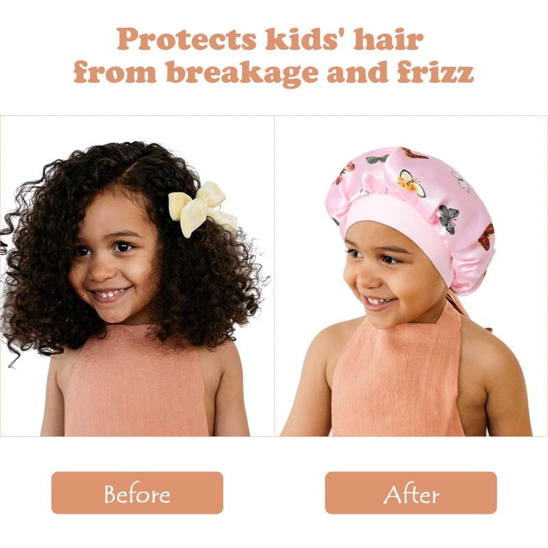 Cuffia da notte per bambini in seta con tesa larga e stampa a farfalla - Fascia elastica, morbida e traspirante per tutte le stagioni, protezione solare e cura dei capelli_voghion.com