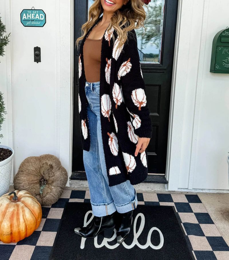 Halloween Pumpkin Jacquard Knit Cardigan – Oversized Mid-Length Open Front Sweater, Polyester Long-Sleeve Casual Coat For Women_voghion.com