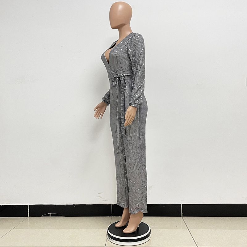 Damkläder Ins Style Deep V Mode Casual Jumpsuit Långärmat Bälte Paljett Jumpsuit Dam_voghion.com