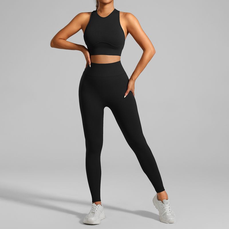 High-Stretch Seamless Outfit For Running Fitness, Ribbed Sports Bra And Tank Top Yoga Set_voghion.com