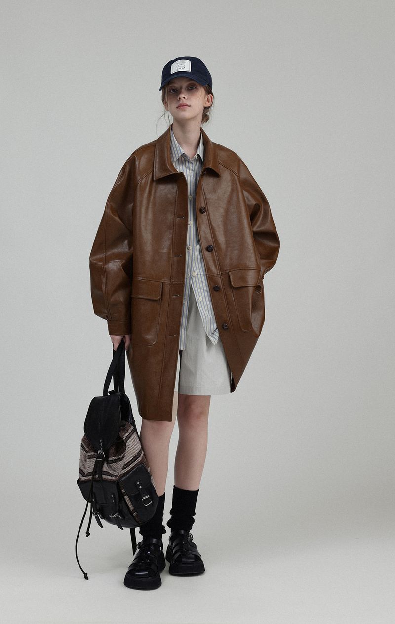 2024 Spring and Autumn Mid length Jacket Oversize Heavy Industry Comes with Texture Oil Wax Leather Sleeve Top T_voghion.com