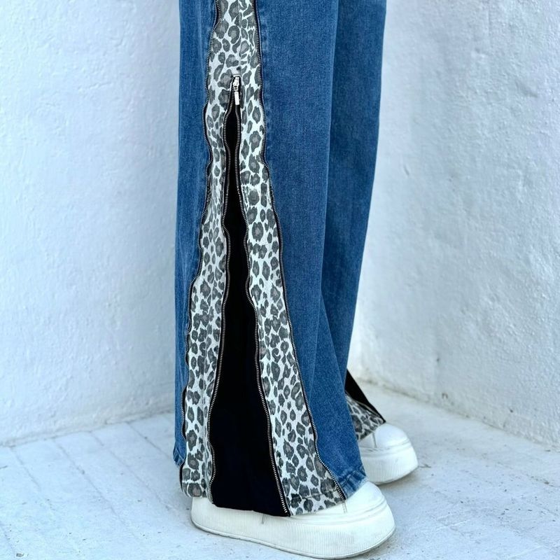 Damkläder Modedesign Jeans Sexig Hot Girl Dragkedja Slit Leopard Print Sömmar Hög midja Breda benbyxor för kvinnor_voghion.com