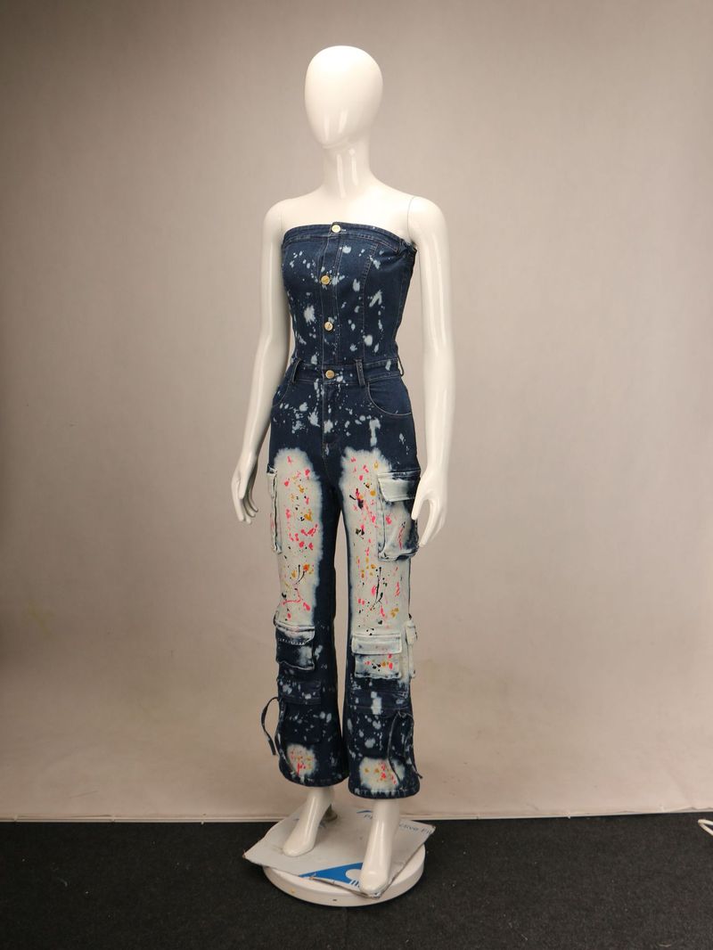 Women's Clothing Tight Waist Elastic Strapless Workwear Denim Jumpsuit _voghion.com