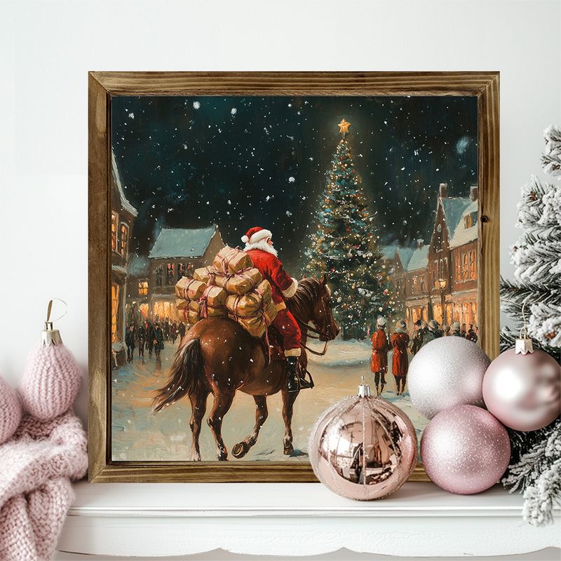 8x8" Wooden Cowboy Santa Wall Art - Festive Western Santa Riding Horse Under Stars. Unique Farmhouse Christmas Decor._voghion.com