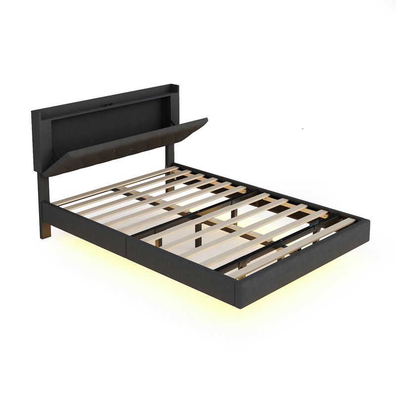 Polsterbett 140x200cm Con USB-Ladefunktion, LED, Leinenstoff Grau_voghion.com