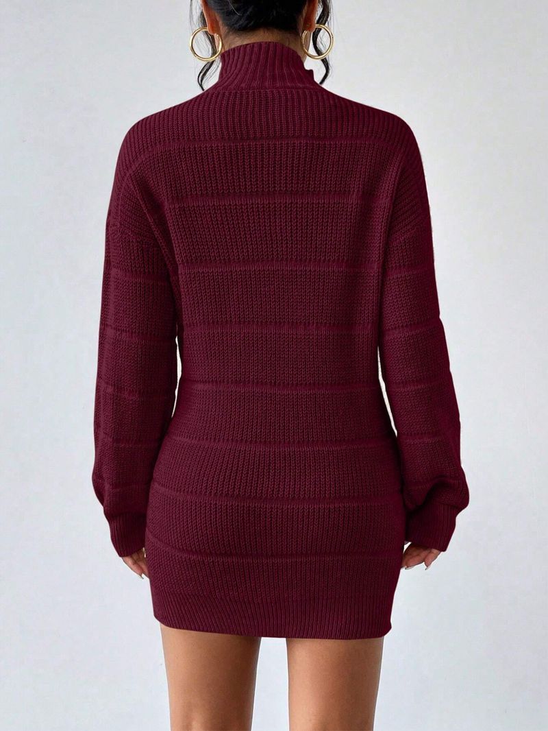 Slim-Fit Ribbed Knit Dress – Versatile Mock Neck Long Sleeve Bodycon Dress For Women (Black/White/Wine, S-XL)_voghion.com