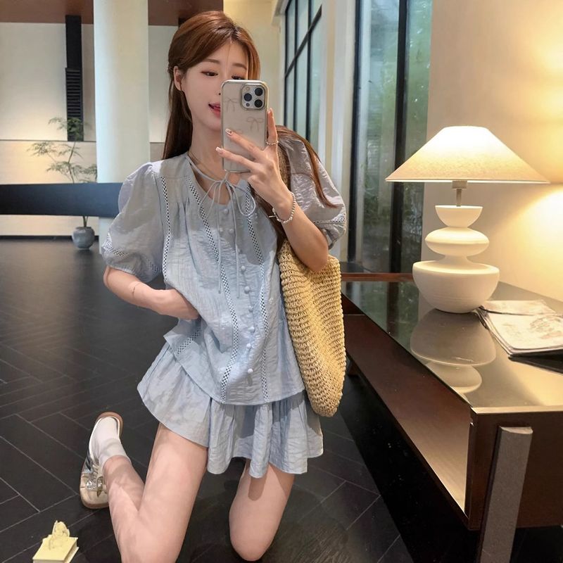 2025 Summer New Korean Style Versatile Sleeve Shirt Elastic Waist Wide Leg Short Skirt Loose Breathable Set_voghion.com
