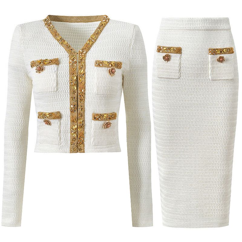 Completo cardigan in maglia con paillettes e perline e gonna alla moda – Coordinato scintillante primavera/autunno (rosso/nero/bianco, S-XL)_voghion.com