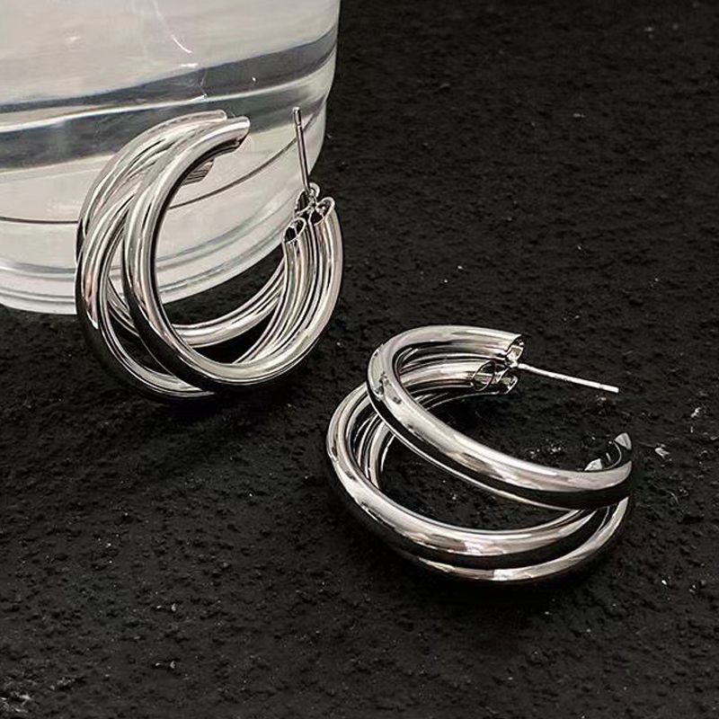 Simple Metal C Shape Dangle Earrings For Women Trendy Retro Three Layer Personality Geometry Drop Earrings Round Circle Jewelry_voghion.com
