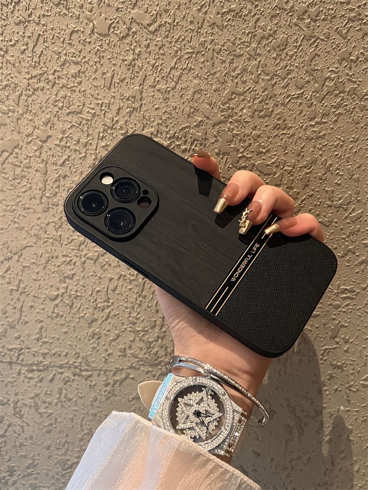 Kompatible 15 Pro Max-Telefonhülle, schlichtes Leder, neues iPhone 14, Premium-Gefühl, 16 Holzmaserung, 12 Vollabdeckungslinse_voghion.com