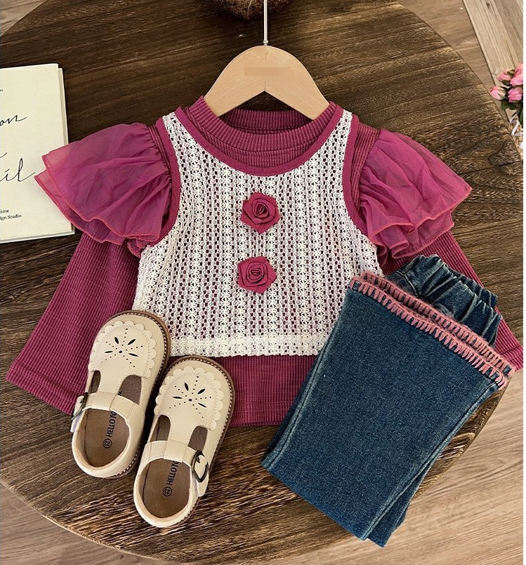 Abbigliamento per bambini Set da tre pezzi con canotta a fiori e jeans per bambina_voghion.com