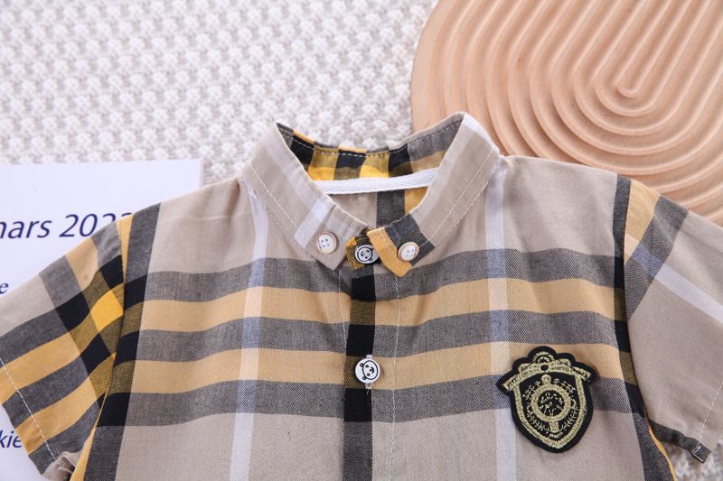 Baby summer new niche design, casual checkered shirt and short sleeved set, two-piece set_voghion.com