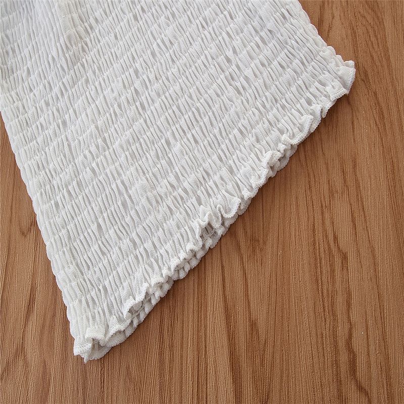 Grenzüberschreitende Kinderkleidung für Kinder im Frühlings- und Sommerstil, modischer Chiffon-One-Shoulder-Trompetenärmel-Top-Jeansrock-Mädchenanzug_voghion.com