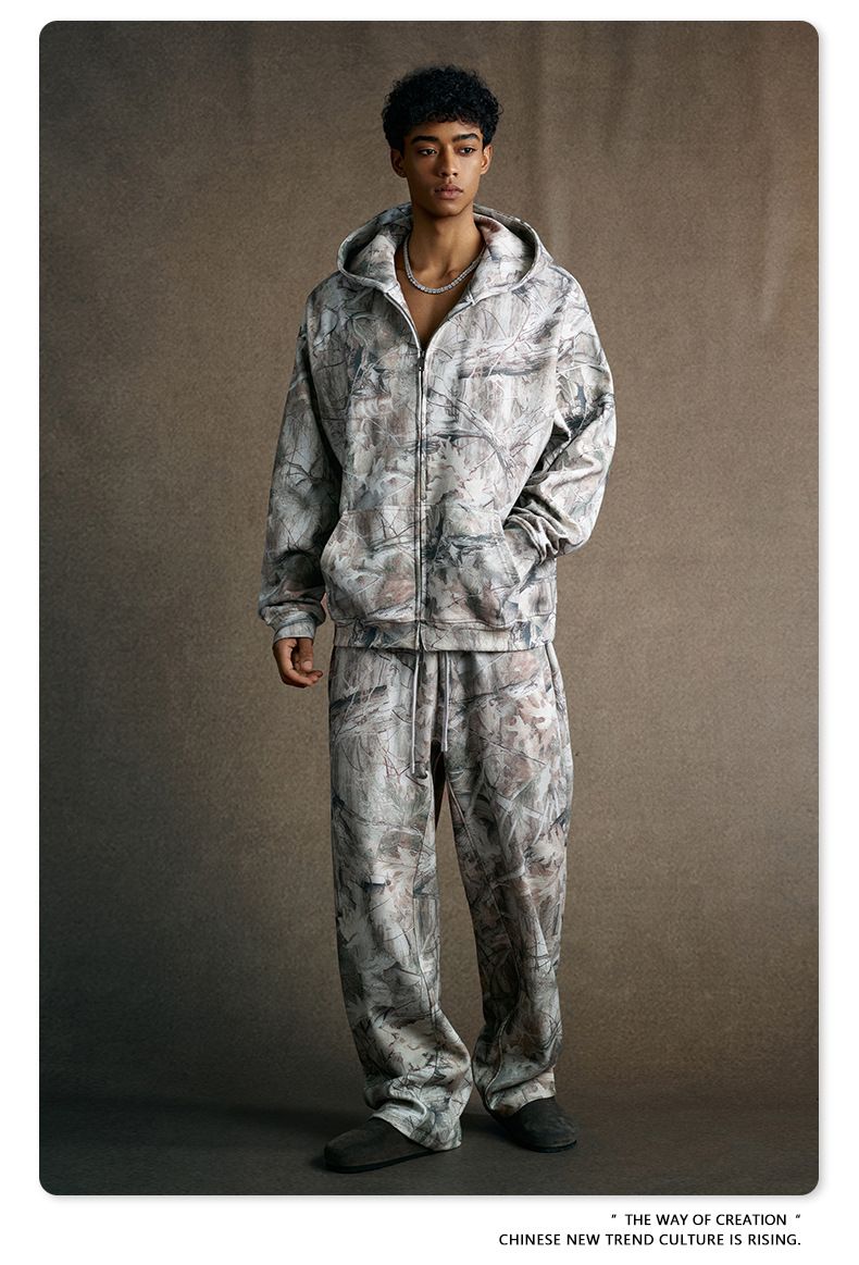 Ensemble deux pièces tendance pour homme, sweat-shirt camouflage en velours, streetwear, sweat à capuche et jogging en polaire camouflage – Tenue deux pièces tendance pour un confort hivernal_voghion.com