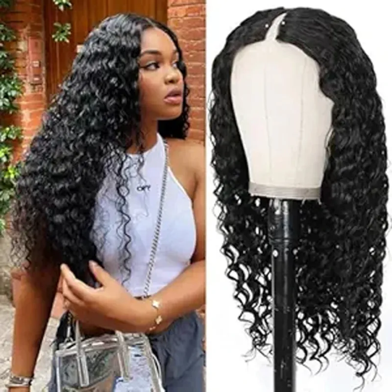 Peluca de cabello humano con ondas al agua, con parte en V, color negro natural, cabello humano Remy peruano, con clip y rizos para mujer_voghion.com