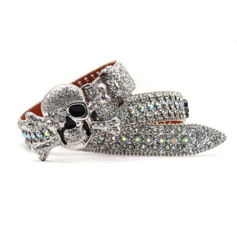 Silver Skull Head with Men's Inlaid Rhinestone Belt Personalized Hip Hop Punk Style_voghion.com