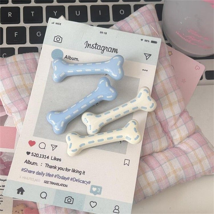 Fermaglio per capelli a forma di osso con frangetta blu crema, fermaglio laterale, dolce e versatile, forcina a forma di cuore, accessorio versatile per capelli da ragazza_voghion.com