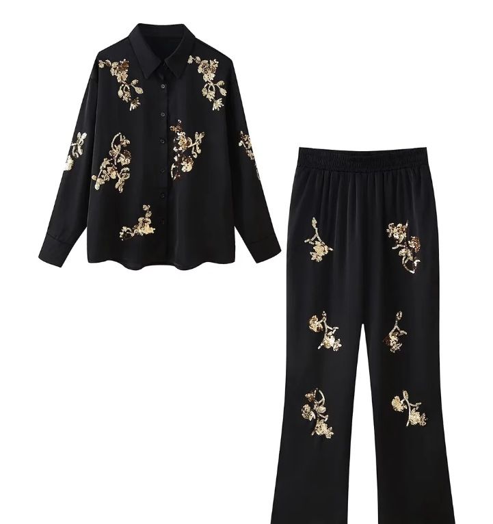 Women's Clothing embroidered sequins long sleeved shirt and trousers suit_voghion.com