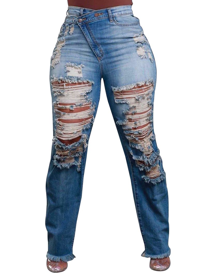 Abbigliamento donna autunno e inverno dritto personalità elastico in vita taglio nappa jeans_voghion.com