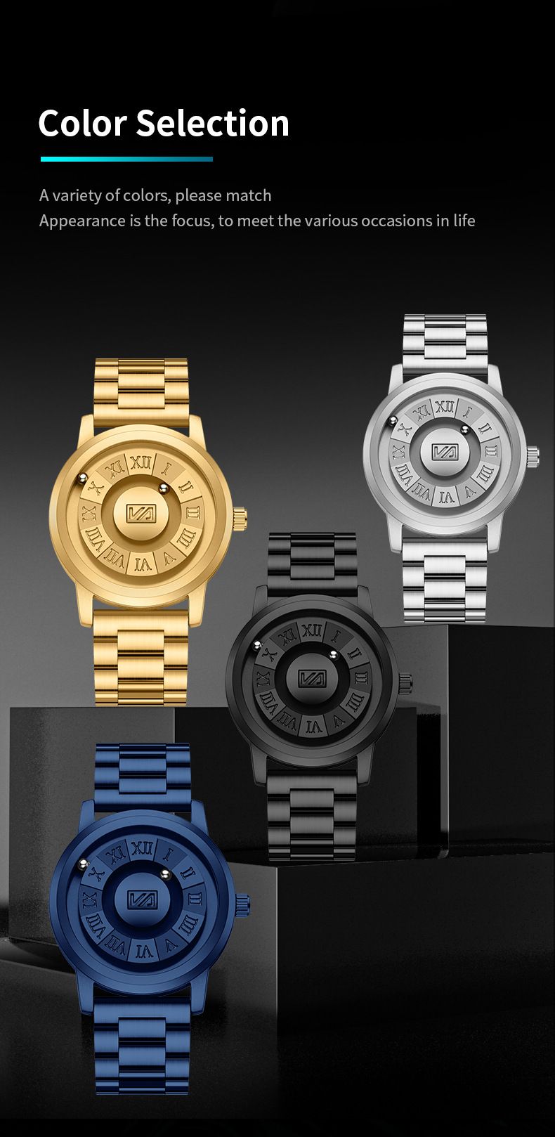 Orologio da uomo con tecnologia nera, concetto di sospensione magnetica, orologio da uomo impermeabile senza aghi_voghion.com