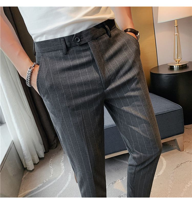 Summer thin men's slim-fitting trousers fashionable striped pants Korean version comfortable micro-elastic small foot_voghion.com