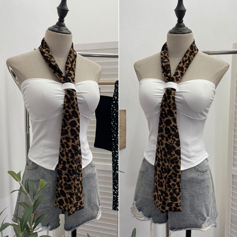 Schal mit Leopardenmuster und hängendem Halsdesign, plissierte trägerlose Weste mit Brustkissen, kurzes ärmelloses Oberteil für Damen 9206_voghion.com