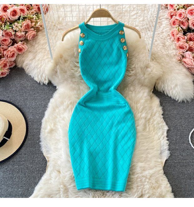 Damen Rundhals Ärmelloses Strick Neckholder Off-Shoulder Kleid Sexy Hüftbetontes Kurzrockkleid_voghion.com