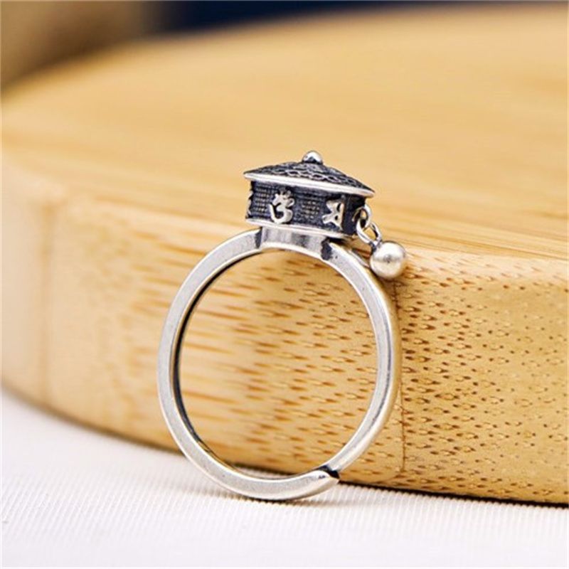 Modni retro budistički šestoliki Sveto pismo okretanje Sutra kotača za muškarce nakit etničko zvono lotosov prsten Sier žene bijou_voghion.com