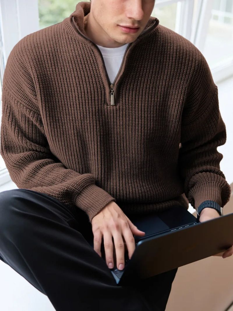 Men's Fall Winter Half Zip Stand Collar Sweater Men's Old Money Style Swetear Knitted Jumper_voghion.com