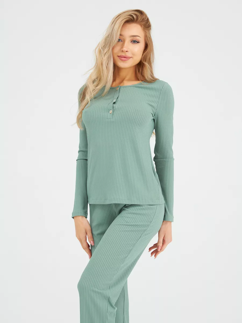 Kadın Pijama Takımı, Düz Renk Uzun Kollu Pantolon Günlük Takım_voghion.com