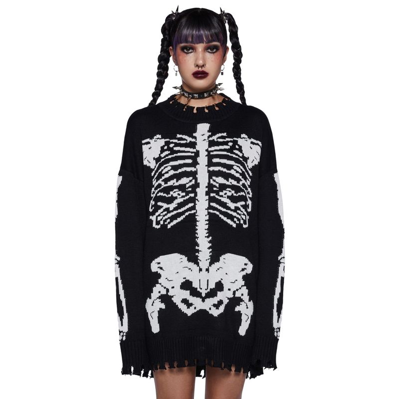 Pull en maille effet vieilli style gothique punk avec imprimé squelette - Pull oversize unisexe style grunge des années 2000 pour homme et femme_voghion.com