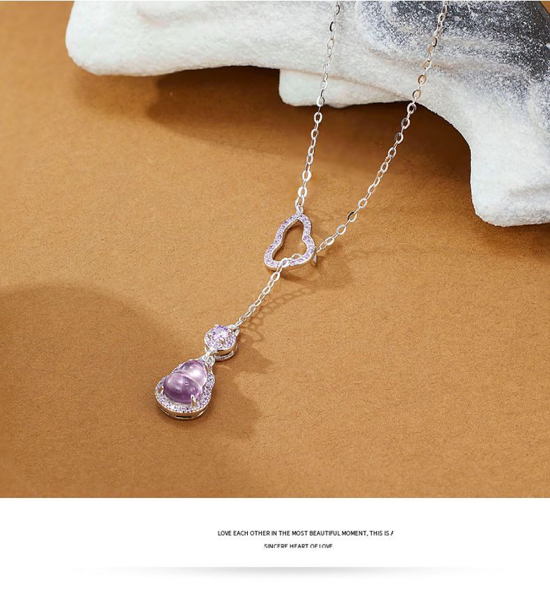 Natural Amethyst Pendant Necklace - Pure Silver Double Gourd Design For Women | Fashion Light Luxury Versatile Style_voghion.com