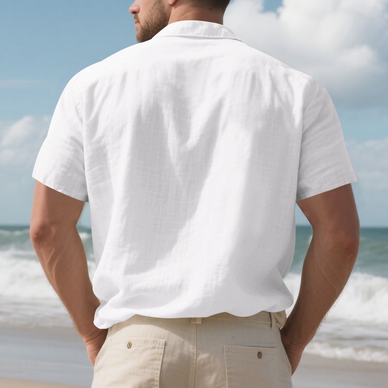 Herren Sommerhemd, amerikanisch, locker, Strand, atmungsaktiv, lässig, Leinen, mehrere Taschen, geknöpft, Arbeitskleidung, kurzärmelig_voghion.com