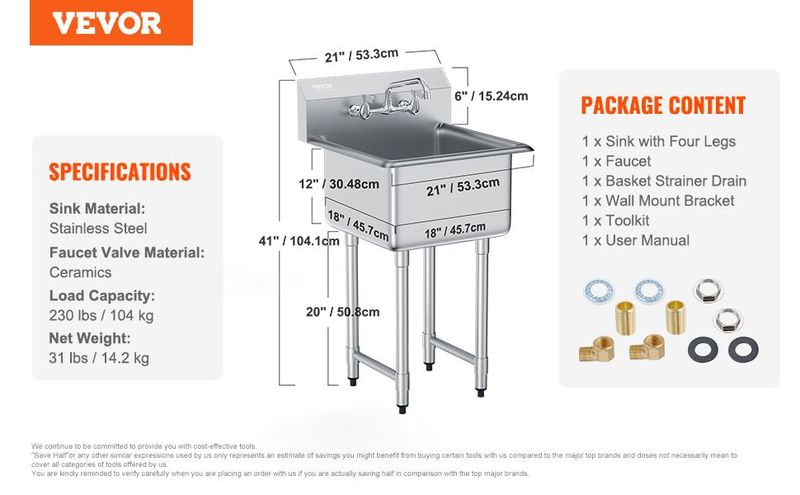 VEVOR Stainless Steel Prep & Utility Sink, 1 Compartment Free Standing Small Sink Include Faucet & Legs, 21"x41" Commercial Single Bowl Sinks For Garage, Restaurant, Kitchen, Laundry, NSF Certified_voghion.com
