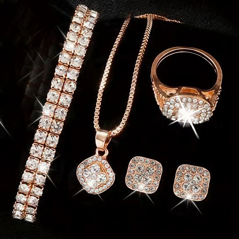 Relógios de quartzo populares da moda feminina, conjunto de relógios com padrão romano, relógio de quartzo Cornucópia, pulseira com diamantes e colar com manchas_voghion.com