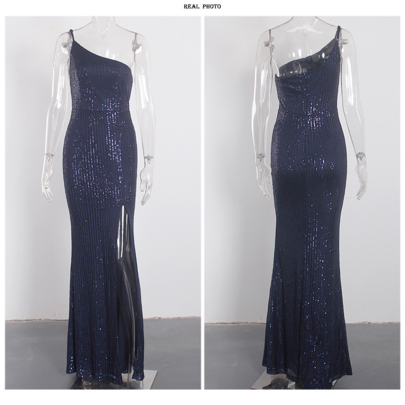 Abito da donna da donna con una spalla e paillettes di lusso con spacco elasticizzato e gamba aperta per la festa nuziale_voghion.com