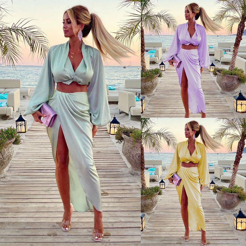 Costume jupe style vacances décontracté pour femmes, ensemble deux pièces INS à manches longues et fente, nouvelle collection été_voghion.com