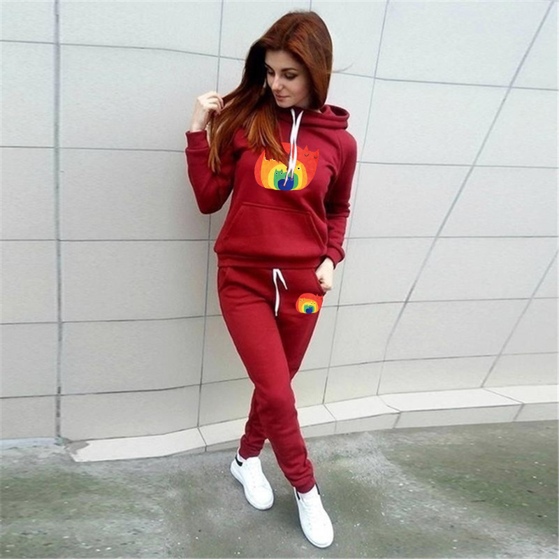 Felpa con cappuccio e pantaloni da esterno per adolescenti, due pezzi, con stampa a olio, stile da donna, jogging club_voghion.com