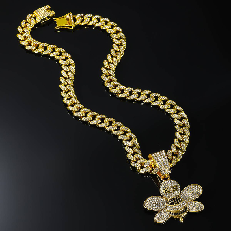 Ciondolo ape laboriosa 15 mm catena girocollo a maglie cubane da 18 pollici Hip Hop completamente ghiacciato Cubi Zirconia Cz oro rosa colore gioielli da uomo_voghion.com