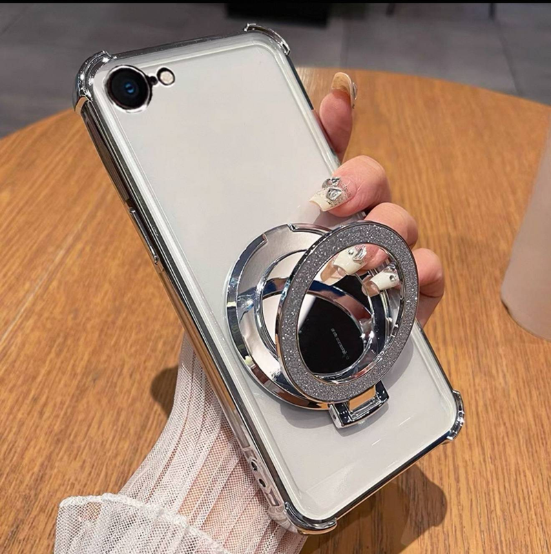 Mirror Stand Case For IPhone 16E/15 Pro - Electroplated Shockproof Corners With Built-in Vanity Mirror & Camera Lens Protector, Soft Silicone Cover_voghion.com