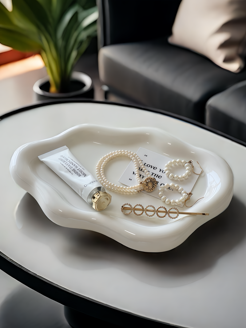 Bandeja de cerámica para guardar joyas con forma de nube blanca, ideal para estantes de escritorio, placas de inducción con llave._voghion.com